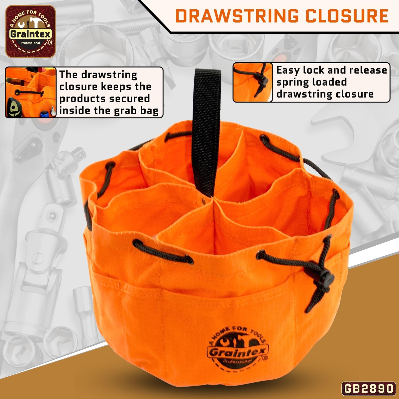 Durable Small Orange Tool Bag with Multiple Pockets and Drawstring Closure