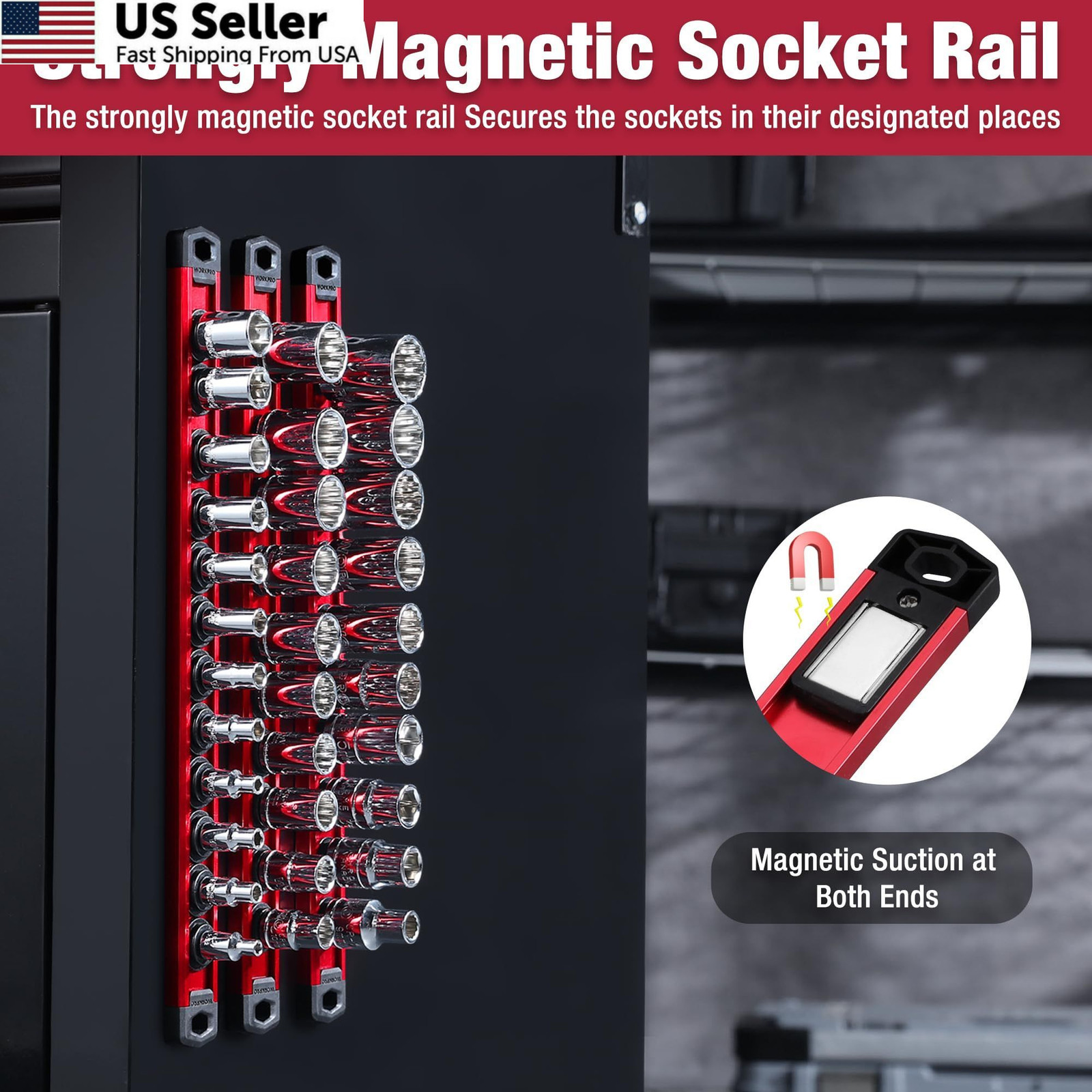 WORKPRO Magnetic Socket Organizer, 3/8-Inch Drive Aluminum Alloy 3/8″ DR, Red