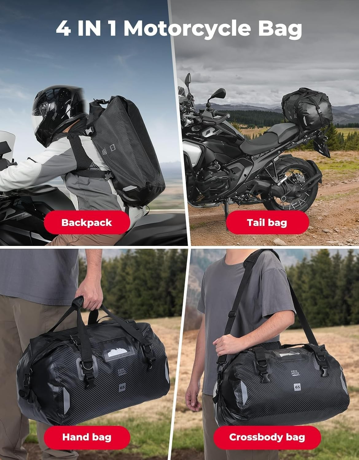 Waterproof Motorcycle Dry Bag – Duffle Tail Bag Soft Luggage, 25L/40L/65L Large