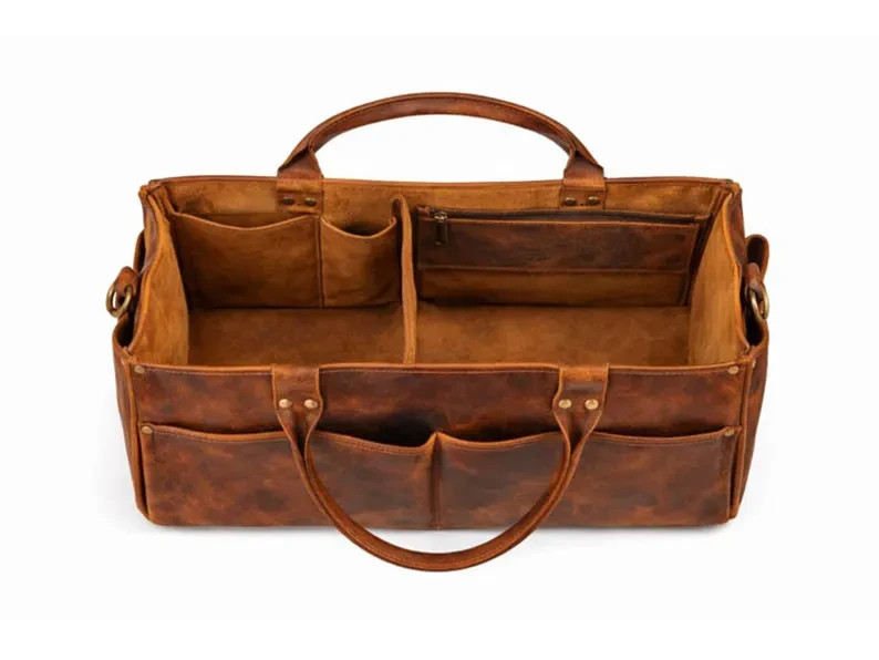 Leather Tool Bag Heavy Duty Tool Tote Electrician Carpenter Organizer Brown