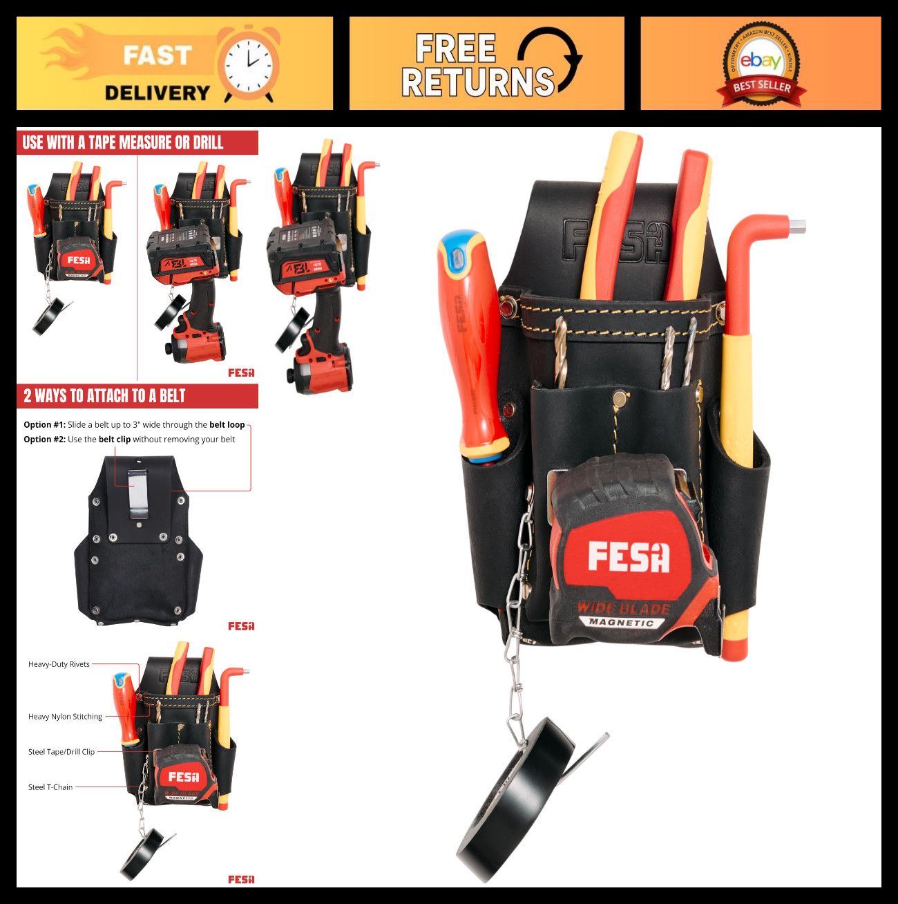 Small Electrician Tool Pouch – 7-in-1 Leather Organizer with Clips & 5 Pockets