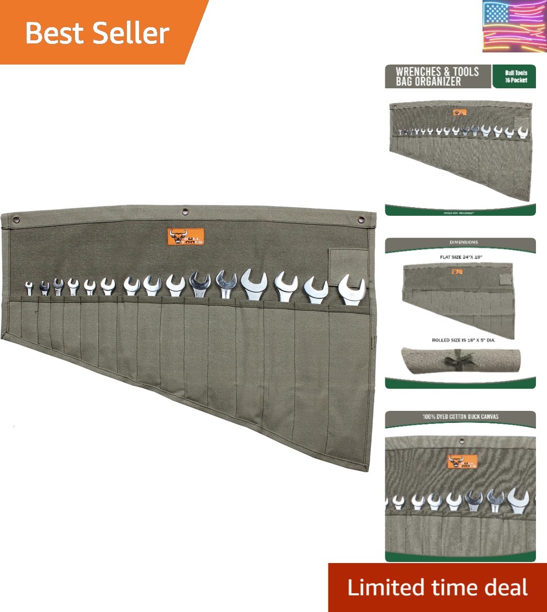 Roll Up Tool Bag Organizer, 16 Pockets, Metric & SAE Wrench Organizer