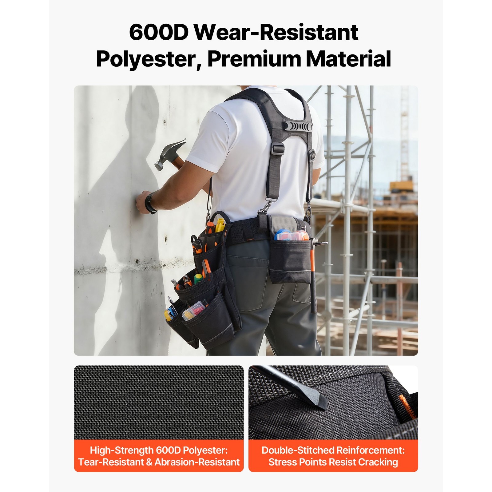 Professional Tool Belt — 19 Pockets, Suspenders, 31-51in Waist