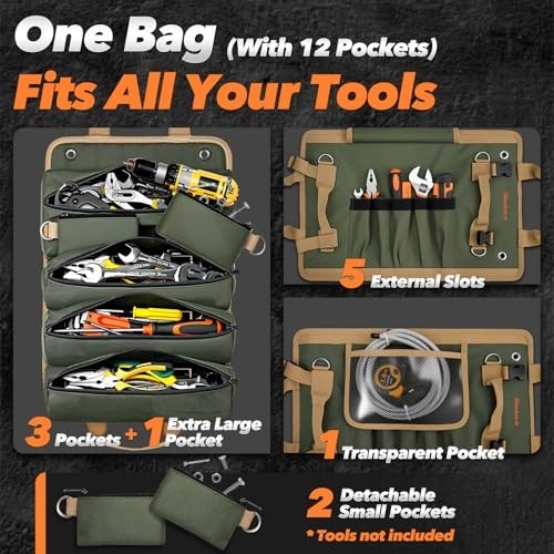 Roll Up Tool Bag Large Capacity Durable Polyester 12 Pocket Portable Organizer