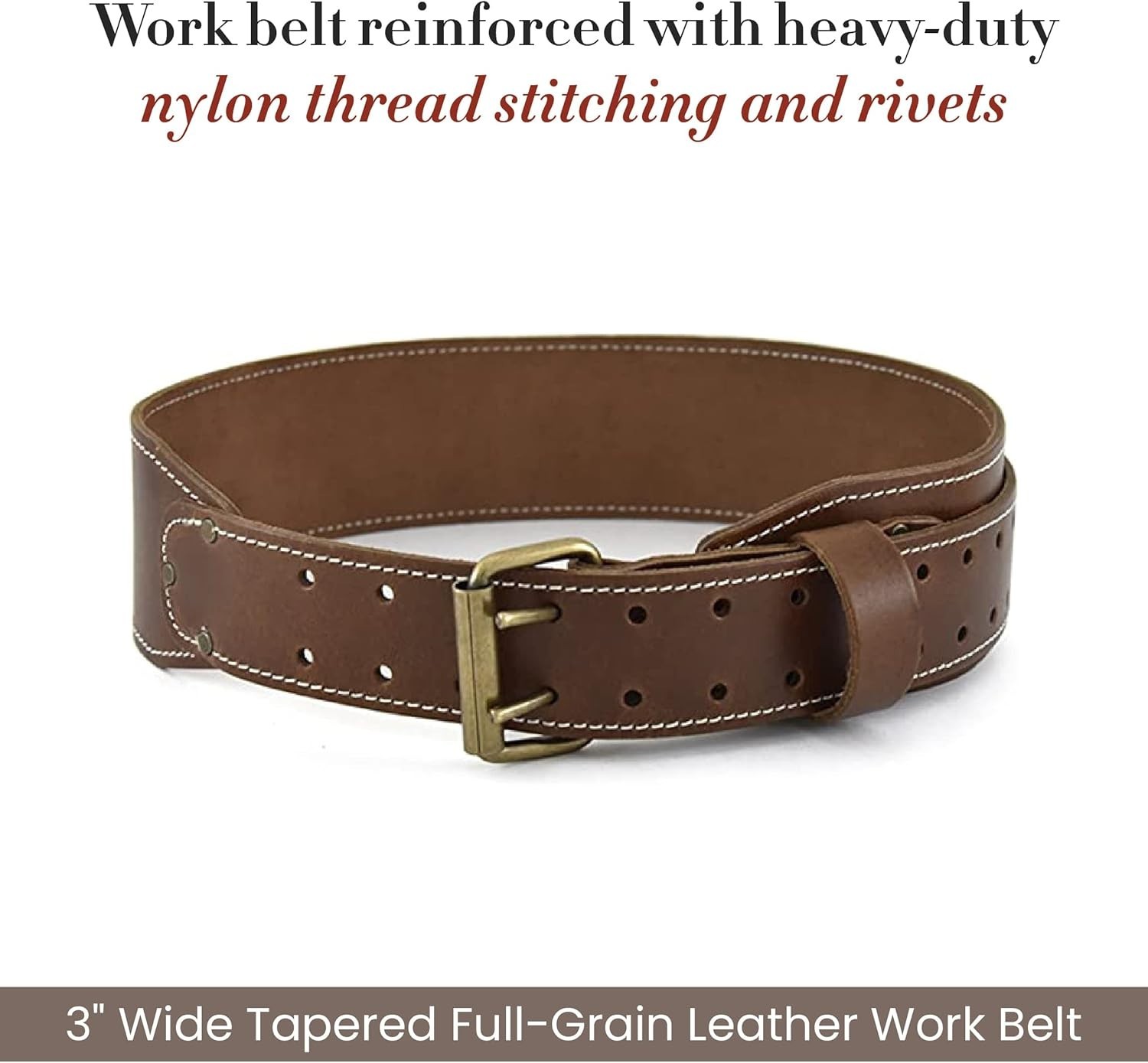 3″ Wide Tapered Full-Grain Leather Work Belt, Durable and Rugged Belt, Dark T…