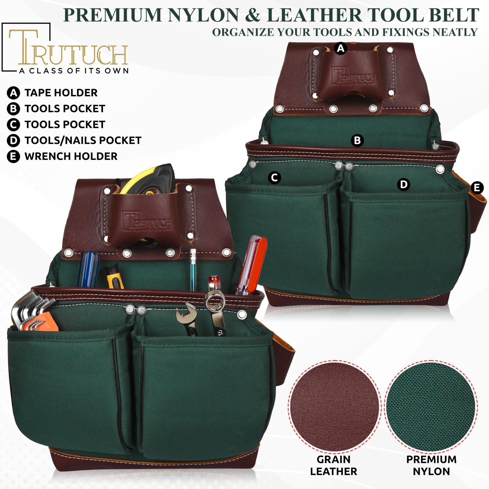 TRUTUCH Nylon and Leather Tool Belt with Leather Work Suspender | Construction
