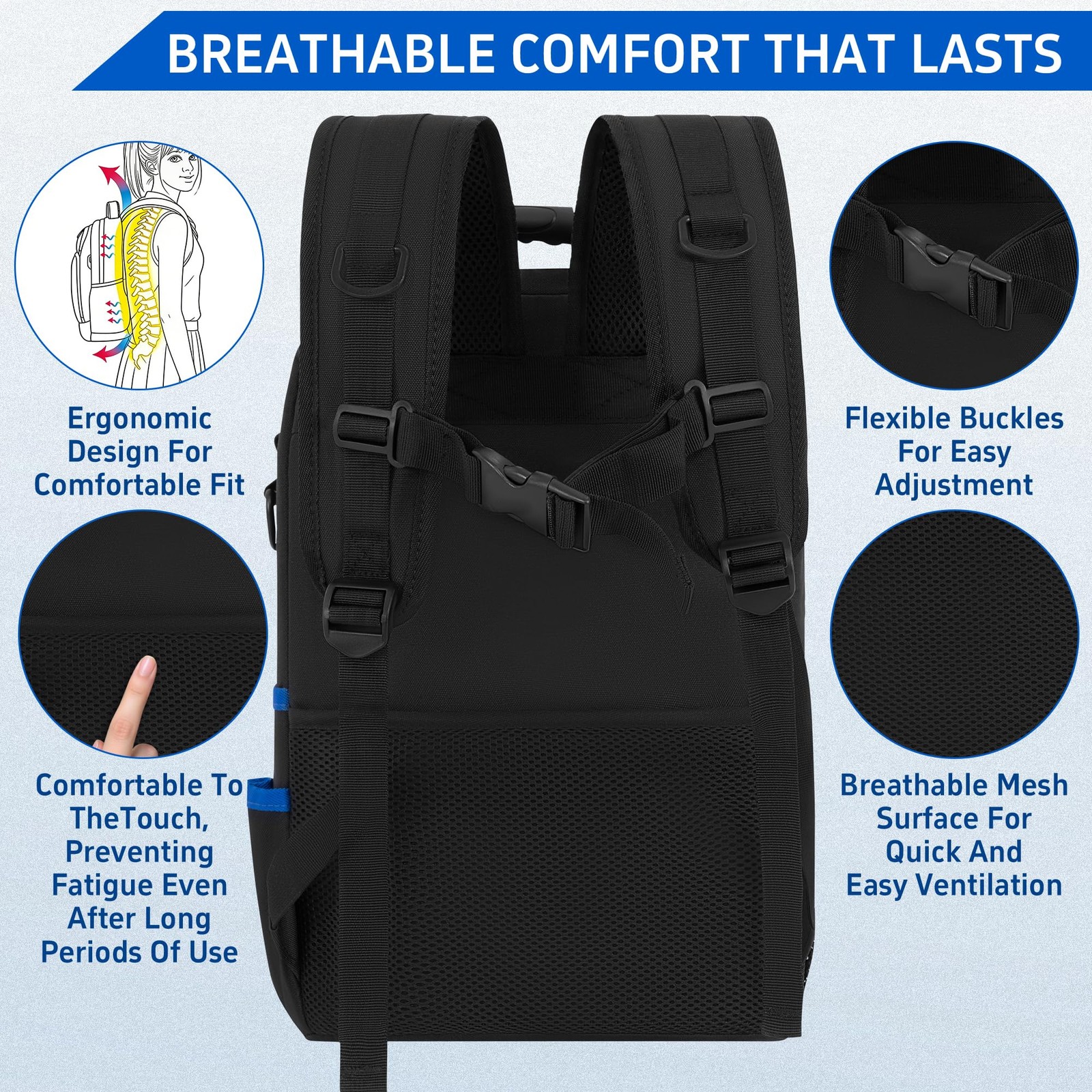 LASUK Backpack Tool Bag with Movable Base Plate, 11x9x16 inches, Black&Blue