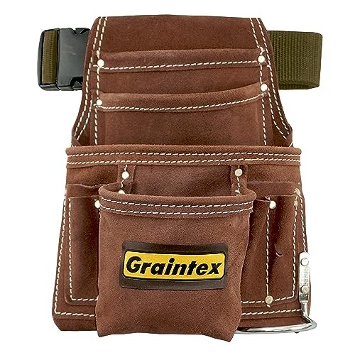 Graintex 10 Pocket Nail and Tool Pouch Suede Leather with 2″ Webbing Belt, Brown