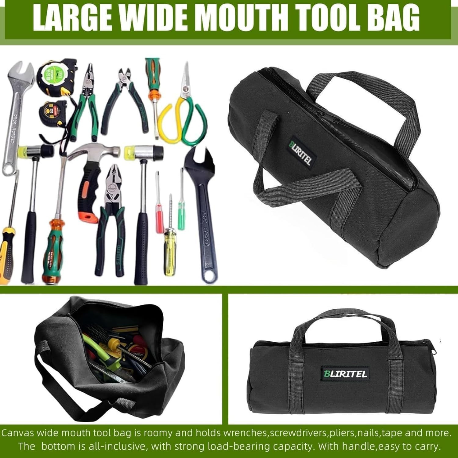 14 Inch Small Tool Bag for Men, Large Capacity Wide Mouth Tool Bag
