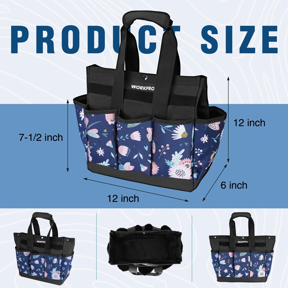 WORKPRO Garden Tool Bag, 9 Pockets Garden Tote Bag, Heavy Duty Oxford Blue