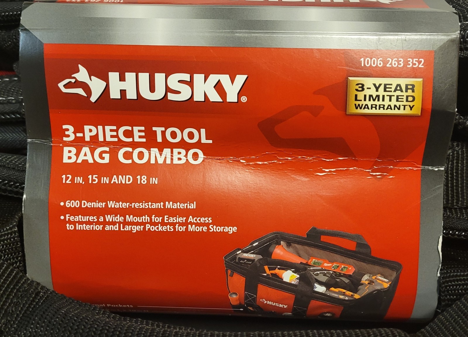 Husky 3-Piece 18″ 15″ 12″ Tool Carry Bag Combo with Water Resistant Fabric