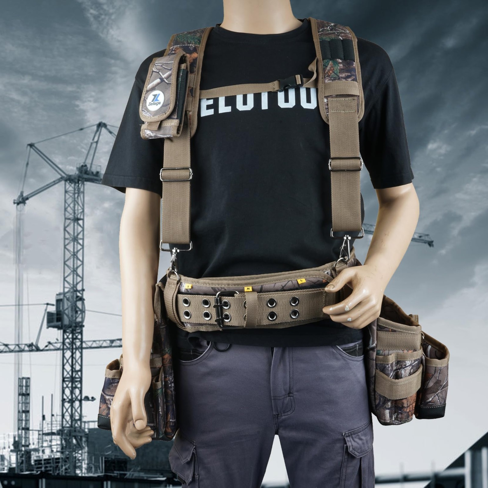 Large Tool Belt with Suspenders, Padded 4″ Tool Pouch, Hammer Holster, Camo, Con