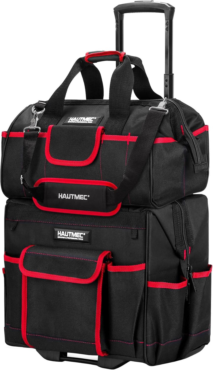 2-Piece Rolling Tool Bag Set, 15″ Wheeled Tool Bag & Wide Mouth Tool Tote, Heavy