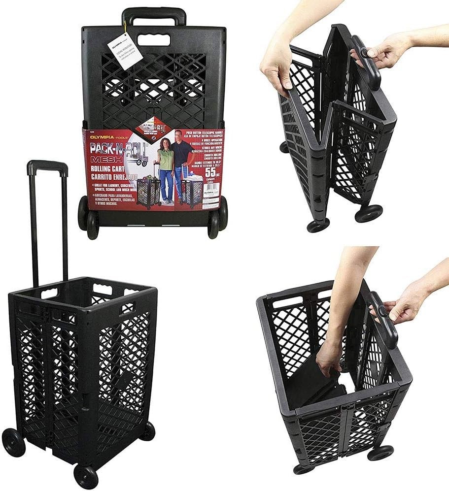 Durable 55lb Load Capacity Pack-N-Roll Folding Cart with Smooth Rolling Wheels