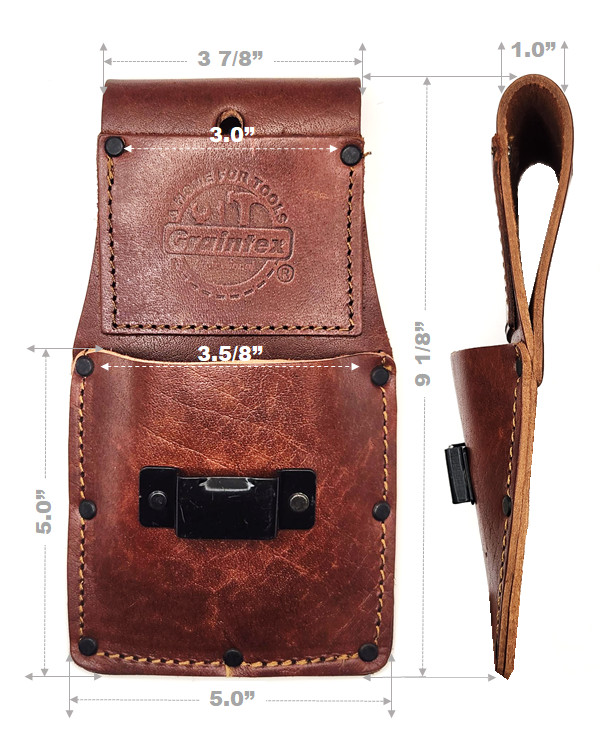 Two Pockets Measure Tape Holder Top Grain Heavy Duty Leather Brown w Loop