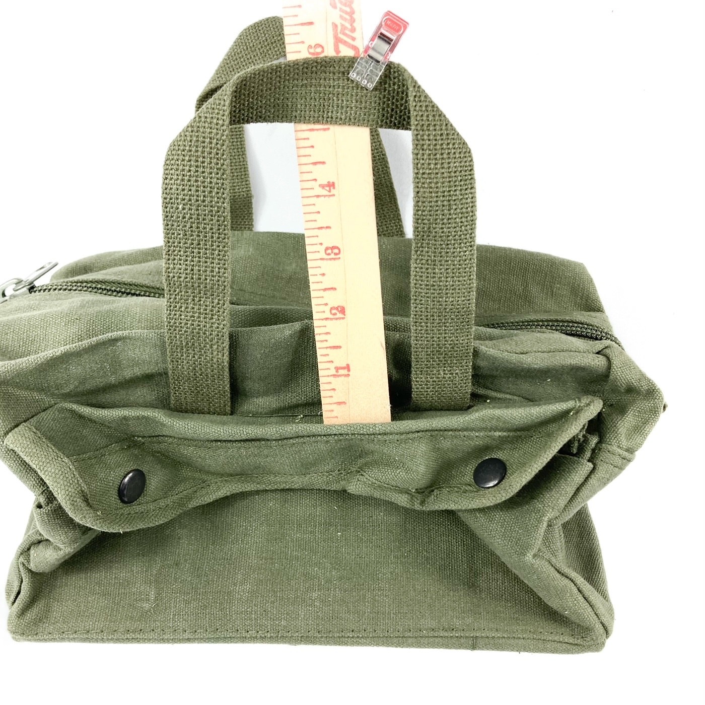 Green Canvas Tool Bag with side snap pocket reinforced bottom & zipper closure
