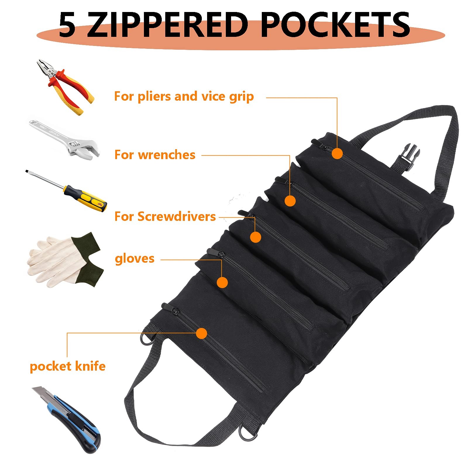 Super Roll Tool Roll,Multi-Purpose Up Bag, Wrench 19″Lx11″W, Black
