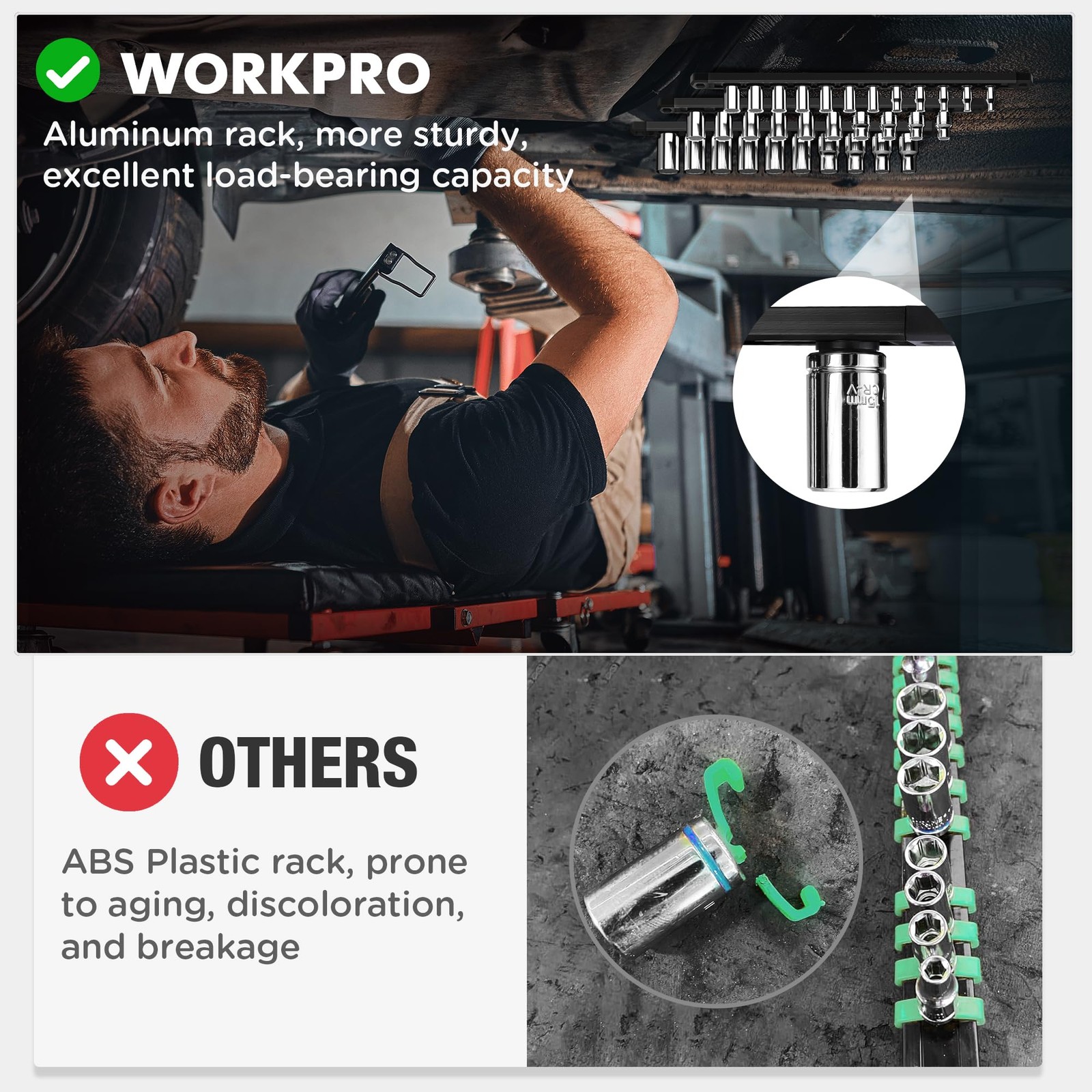 WORKPRO Magnetic Socket Organizer, 3/8-Inch Drive Aluminum 3/8″ DR, Black