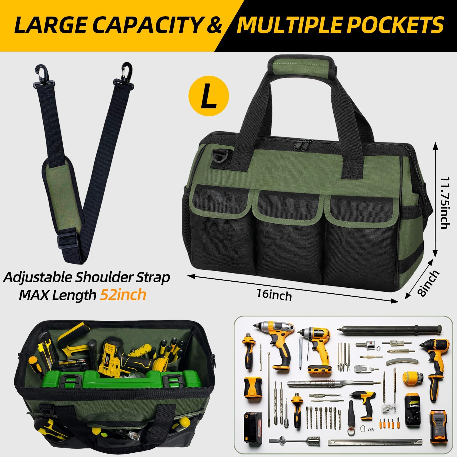 Portable Tool Bag Heavy Duty Tool Box Organizer with Shoulder Strap, Green