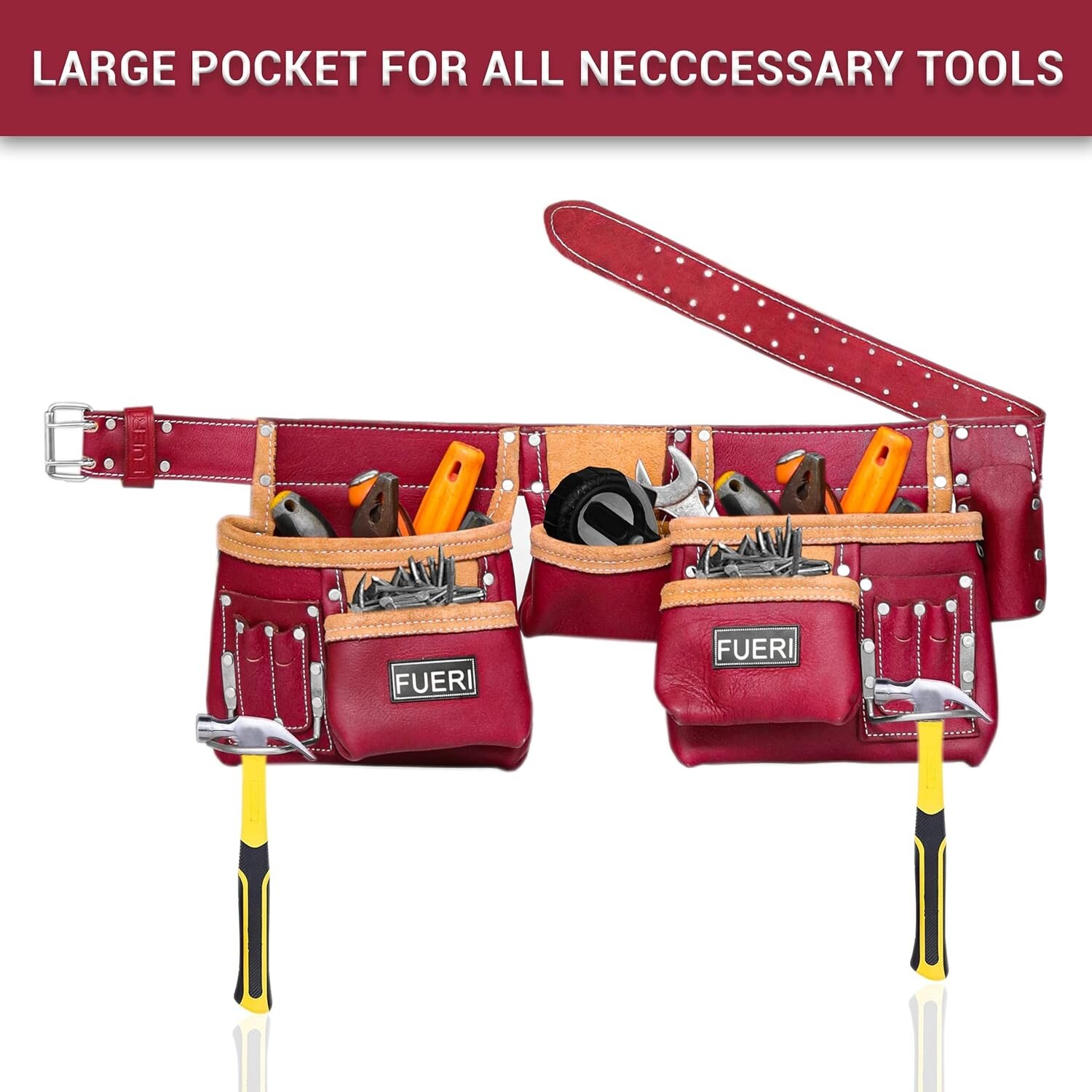 Construction Tool Belt, 11 Pockets Leather Tool Pouches Carpenters Work Belt