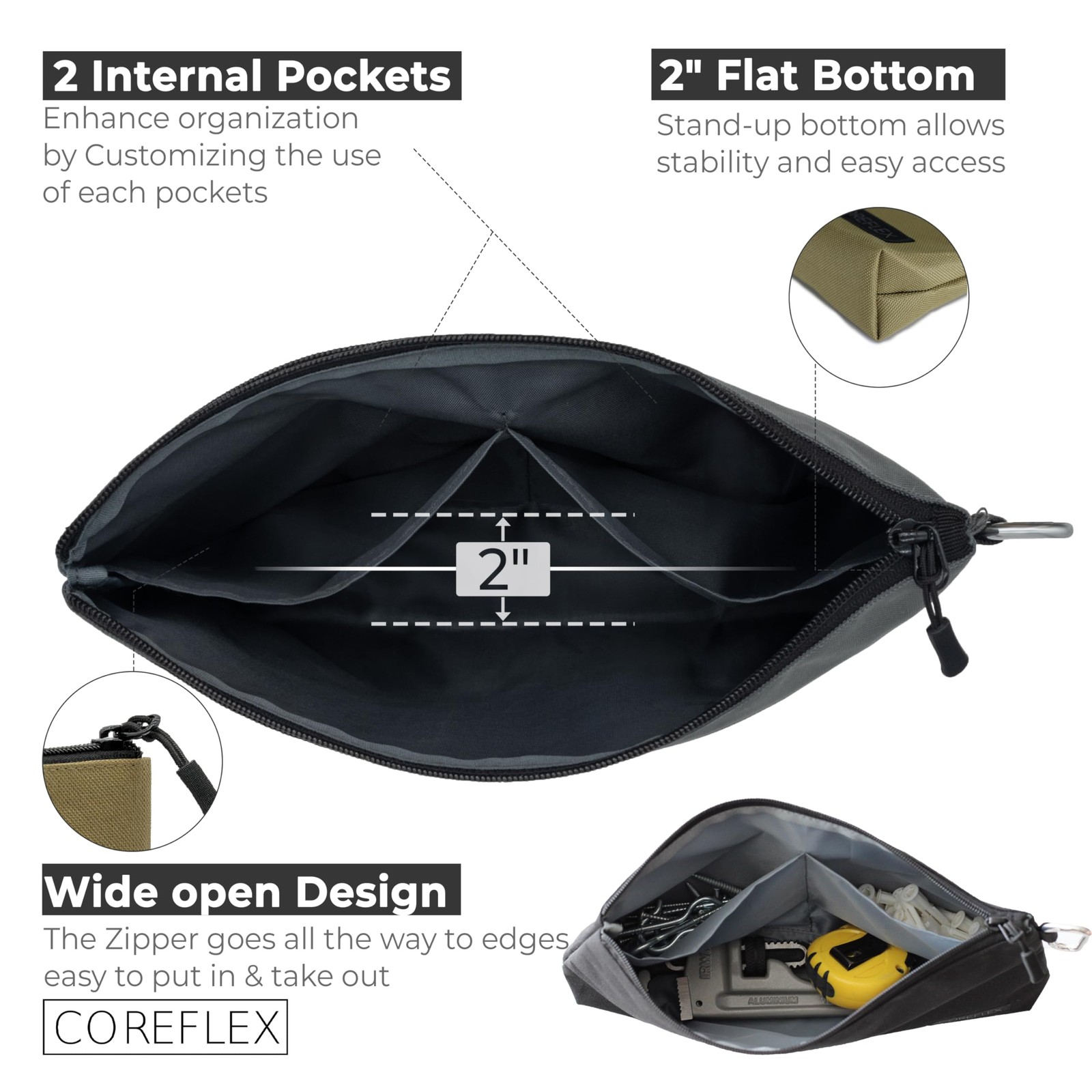 Premium Tool Pouch Zipper Bag Internal Pockets 12 Inch Grey Black 2 Pack