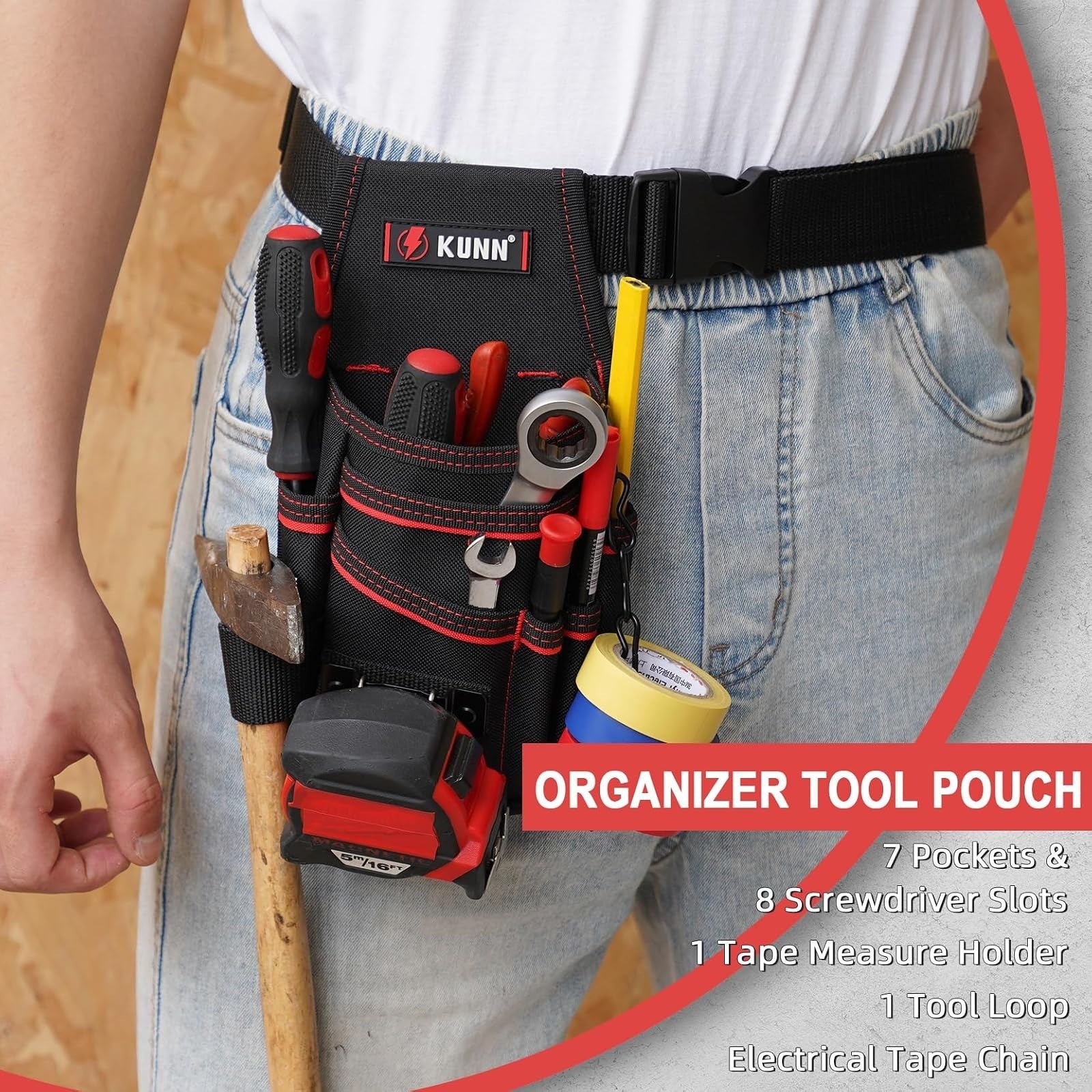 Electrician Tool Pouch 7 Pocket Belt Clip Small Red KUNN