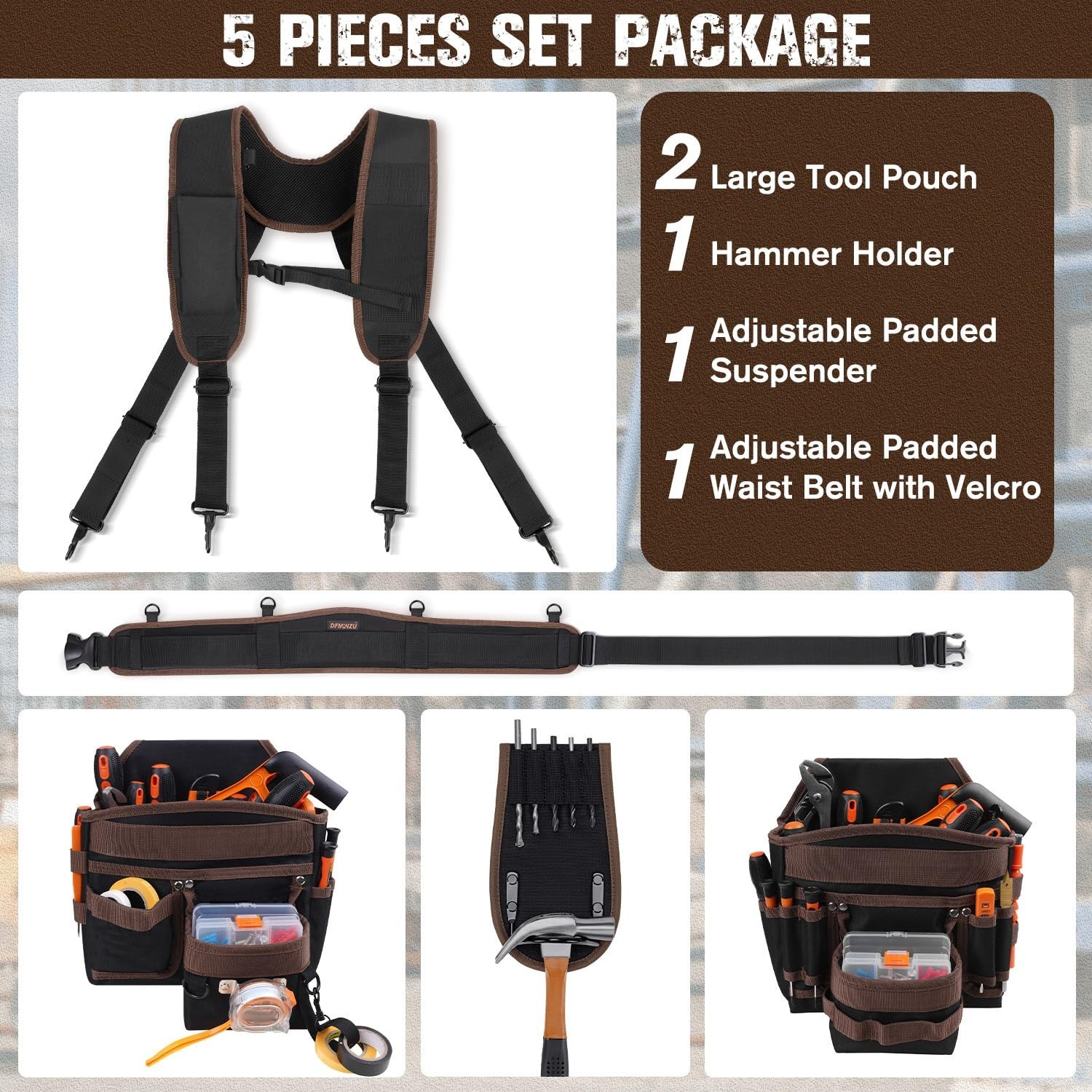 DFMINZU Electrician Tool Pouch, 10 Pockets Tool Belt Pouches Hammer Holder