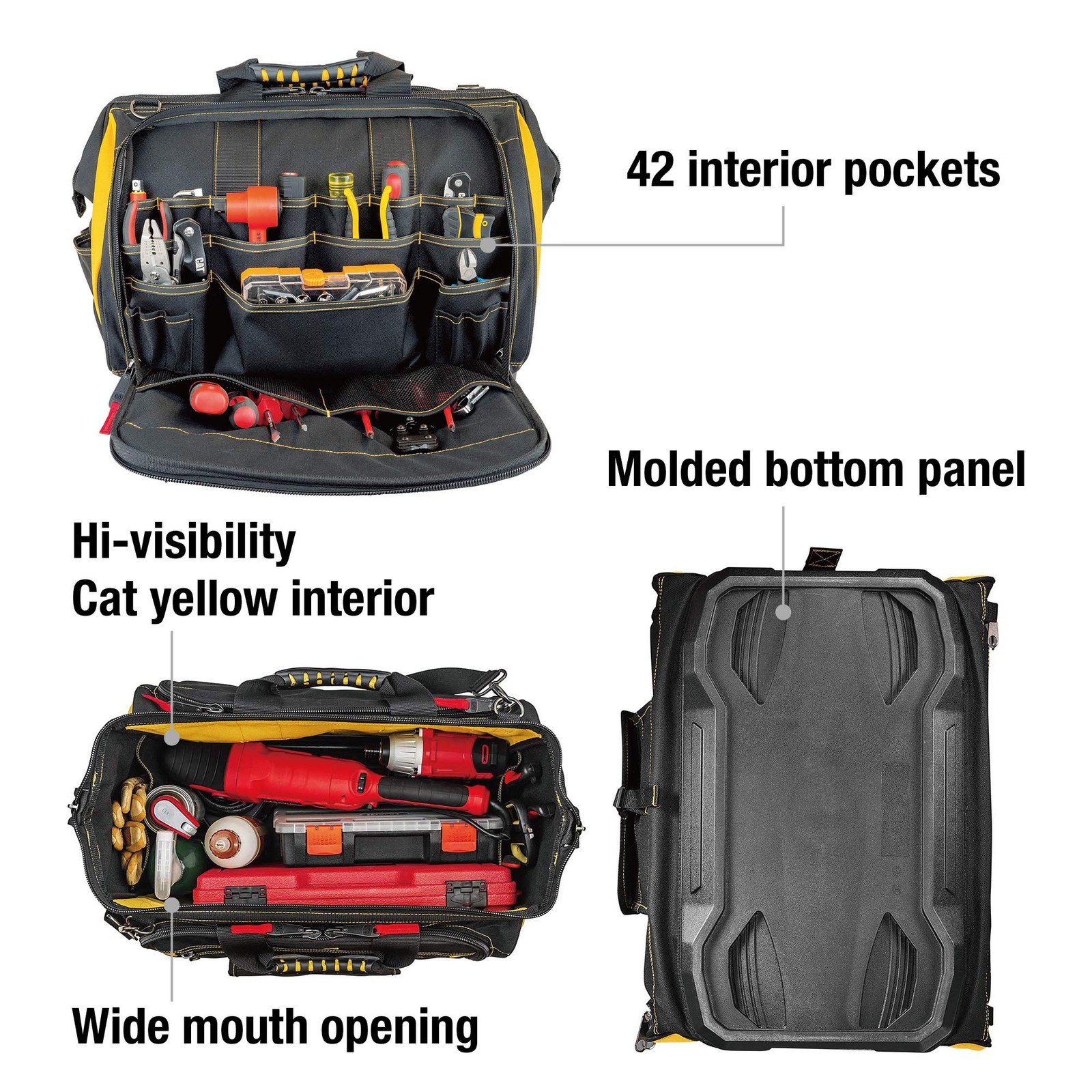 18-Inch Pro Tool Bag with 56 Pockets, Wide Mouth Opening, Molded Base, Hi-Vis…