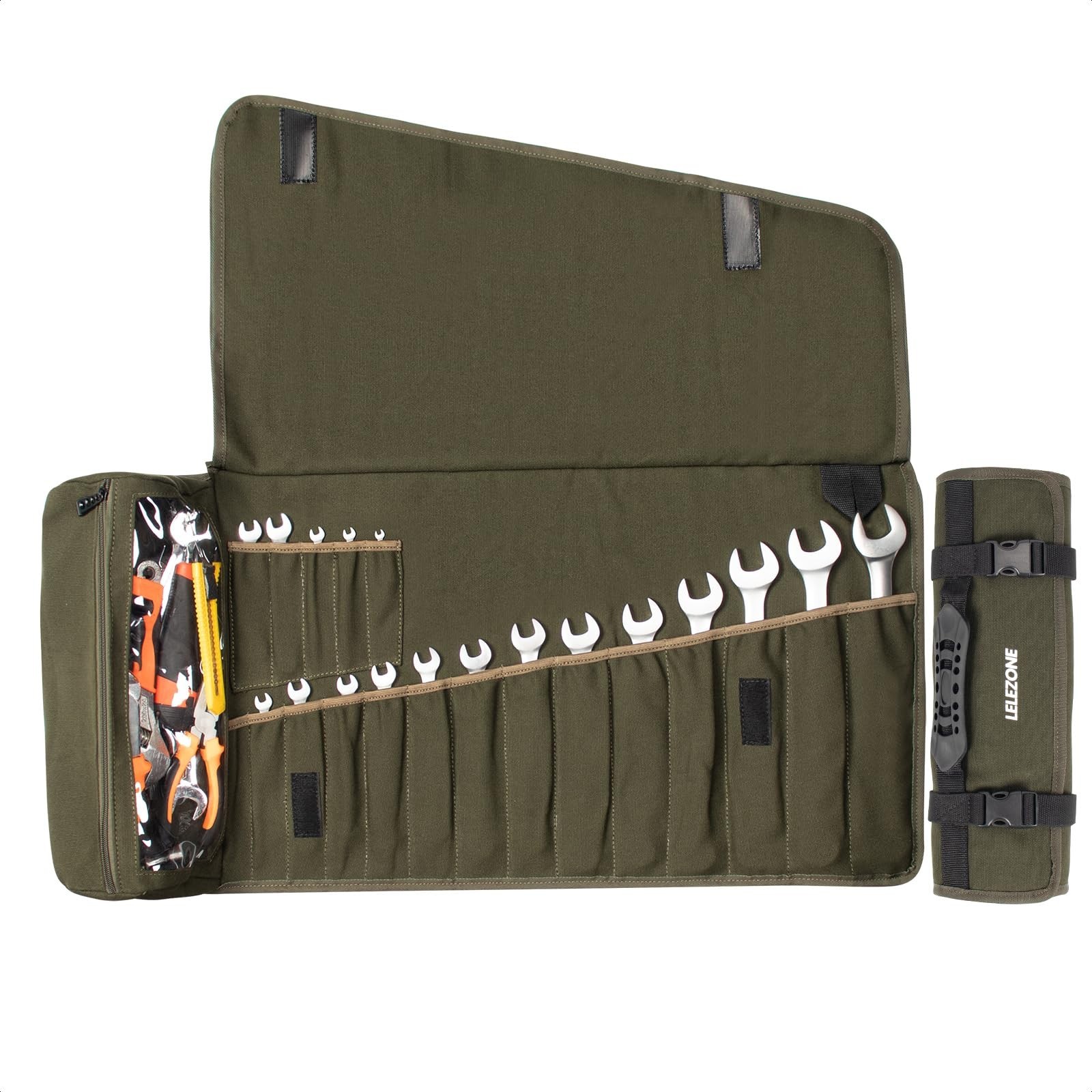 Portable Wrench Roll Pouch, 19+1 Pocket Tool Organizer Bag, Heavy Duty Canvas, G