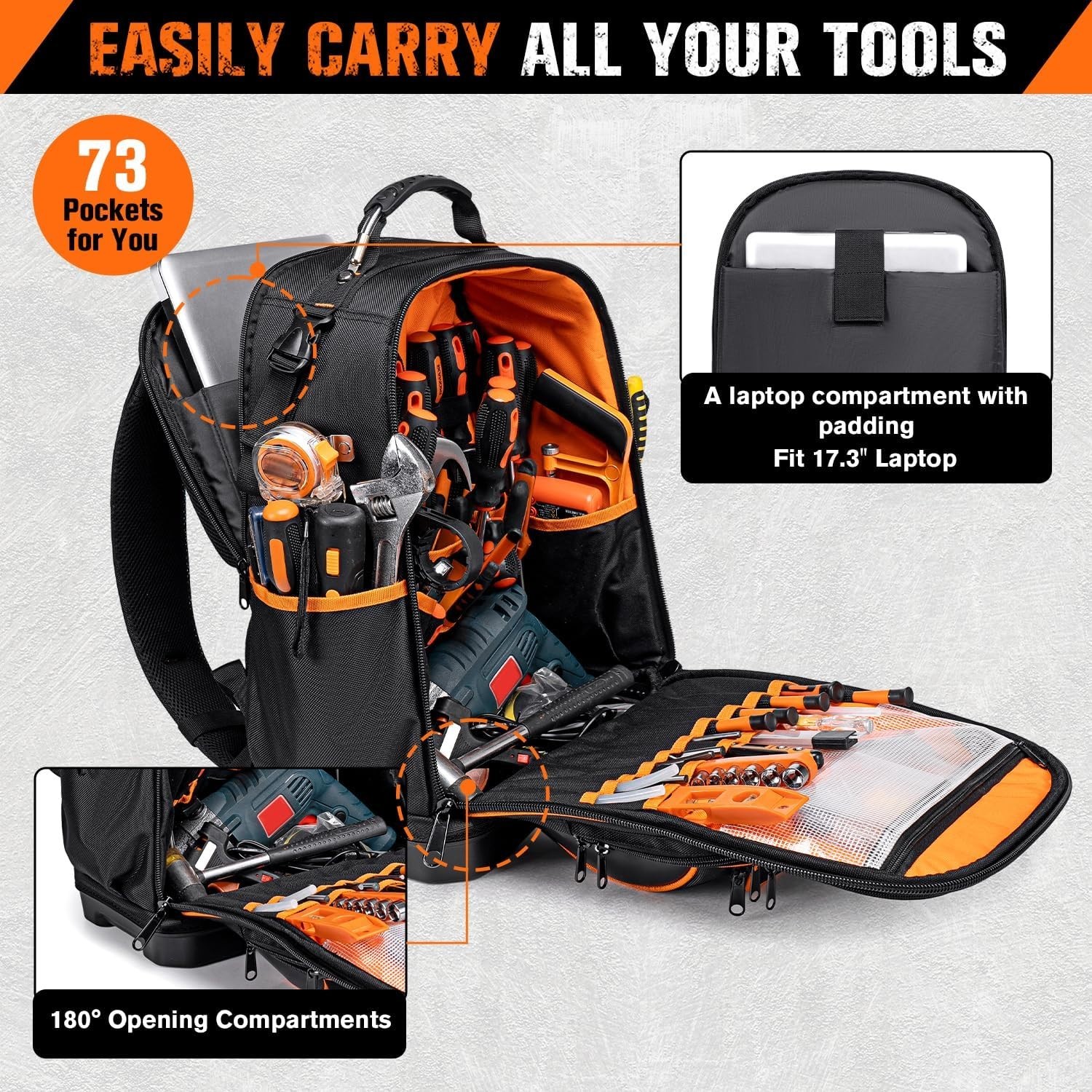 Durable Waterproof 73 Pocket Tool Backpack with Laptop Compartment – Heavy Duty