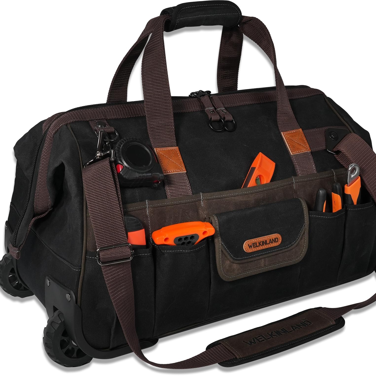 WELKINLAND 48Pockets Tool Bags With Wheels, 22Inch Large, Brown & Black