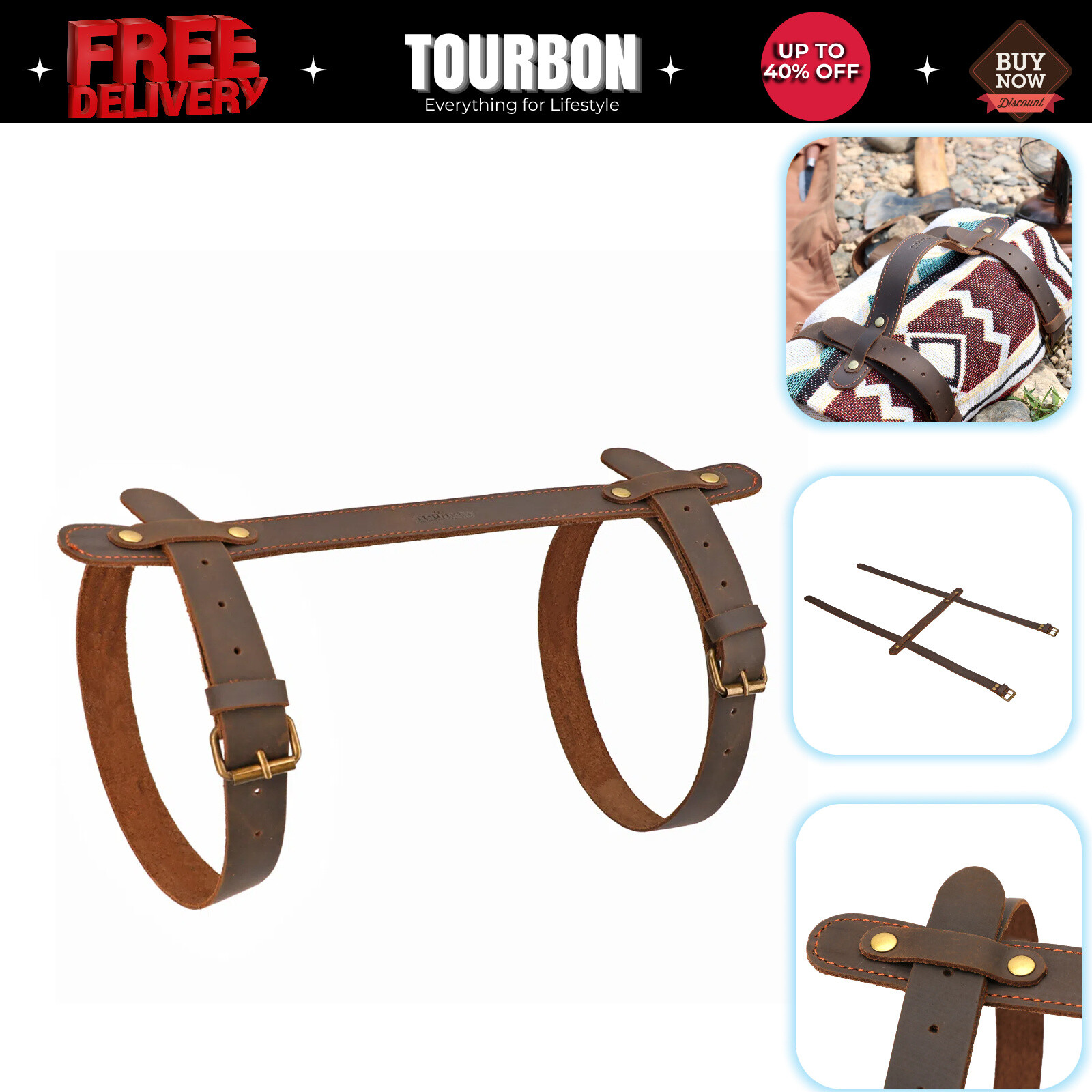 TOURBON Leather Picnic/Motorcycle Blanket Carry Handle Belt Bedroll Strap Adjust