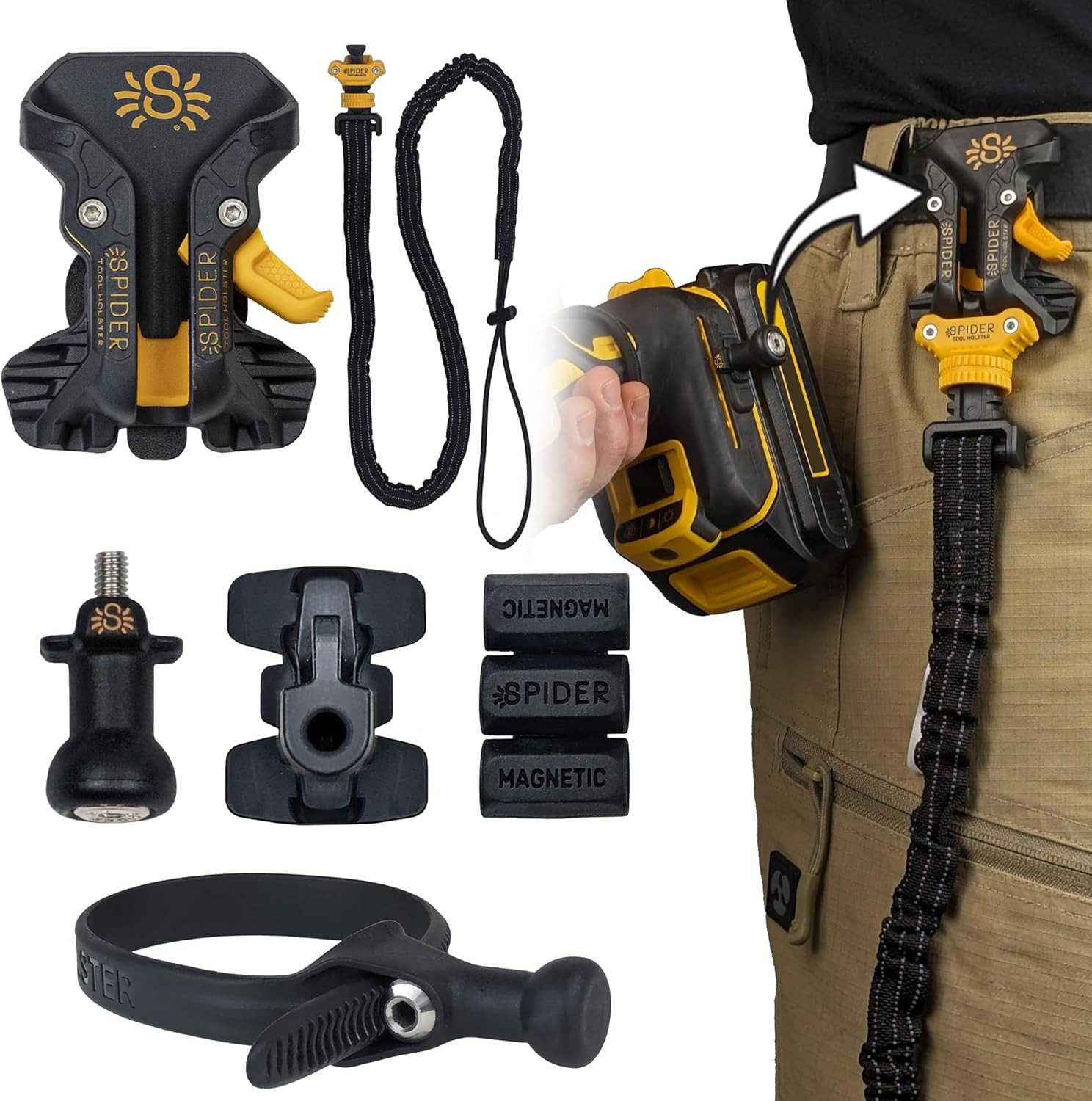 Pro Tool Holster Set with Tether, Grip, Pin & Adhesive Tab – Belt Mounted System