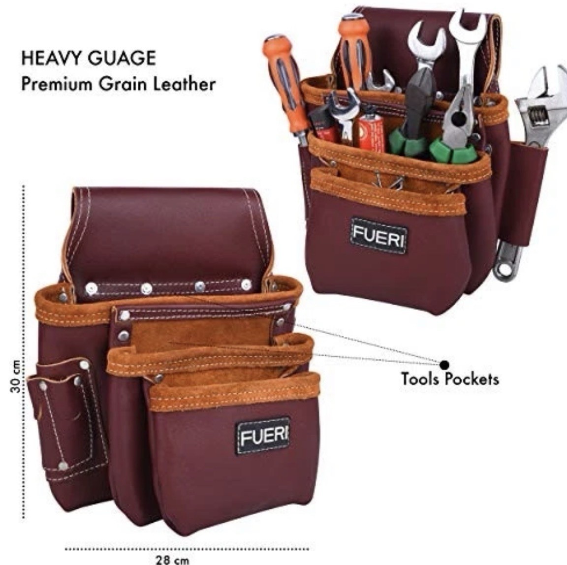 FUERI Leather Tool Belt Pouch Replacement Carpenter Nail Bag Maroon NEW