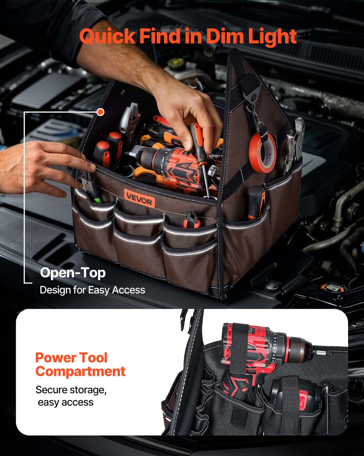 13″ Tool Bag 45 Pocket Open Top Tool Tote Organizer w/ Shoulder Strap