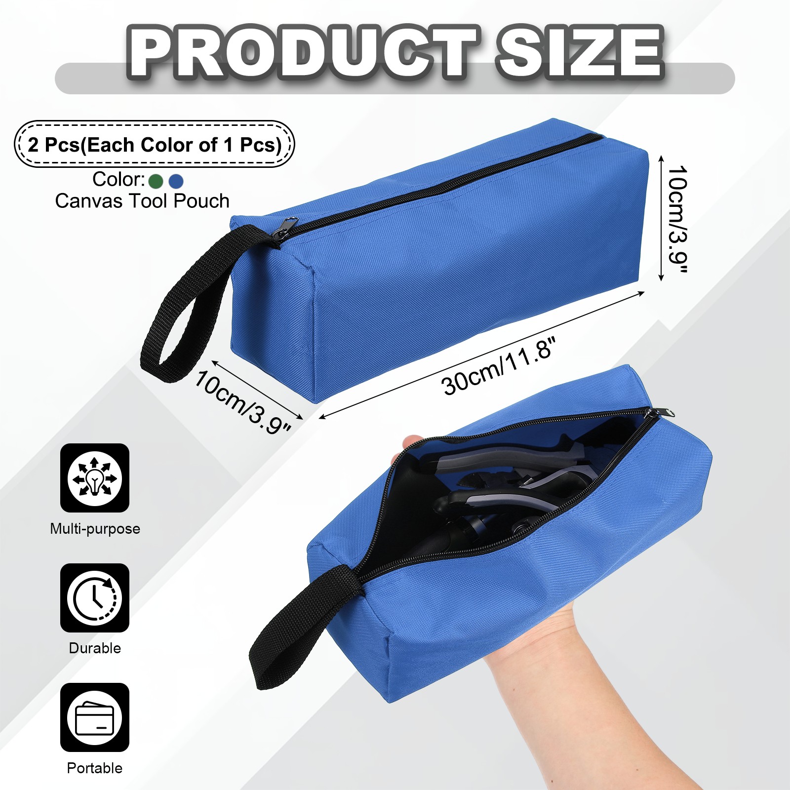 2 Pcs 11.8×3.9×3.9″ Multi Purpose Zipper Canvas Tool Pouch, Dark Blue/Army Green