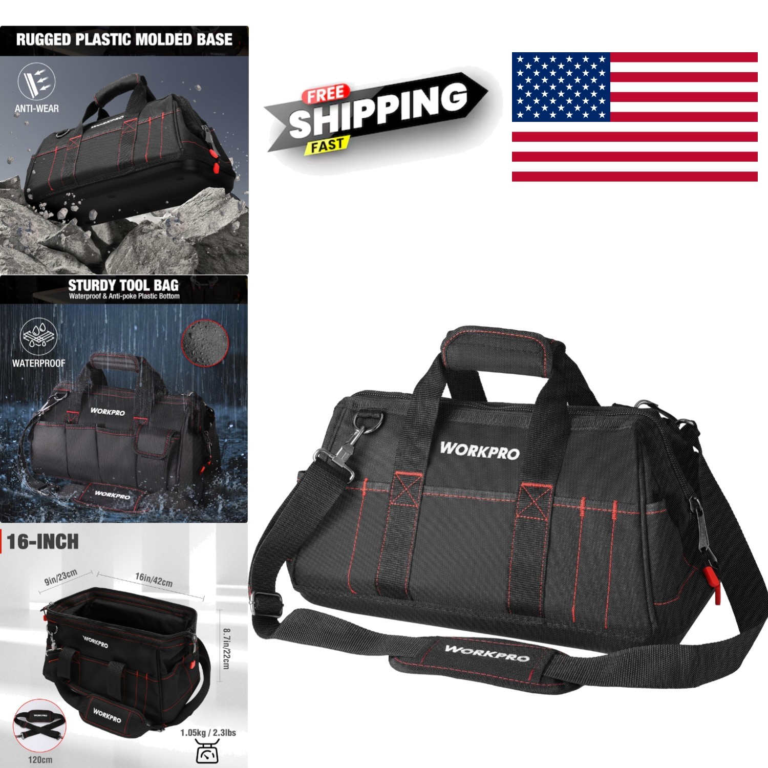 16 Inch Tool Bag with Comfortable Shoulder Straps and Large Interior Space