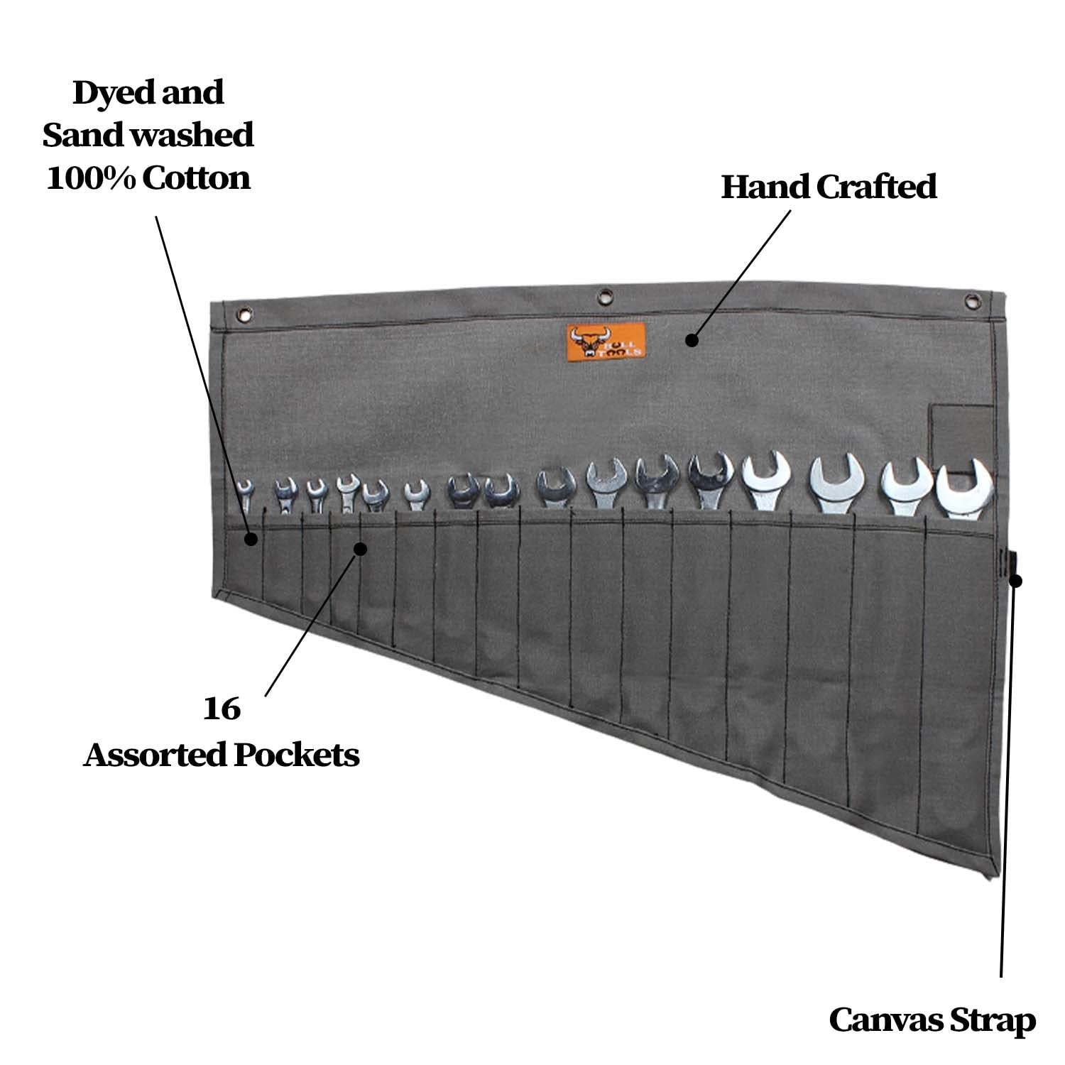 Roll Up Tool Bag Organizer 16 Pockets Canvas Wrench Pouch Heavy Duty Black Grey