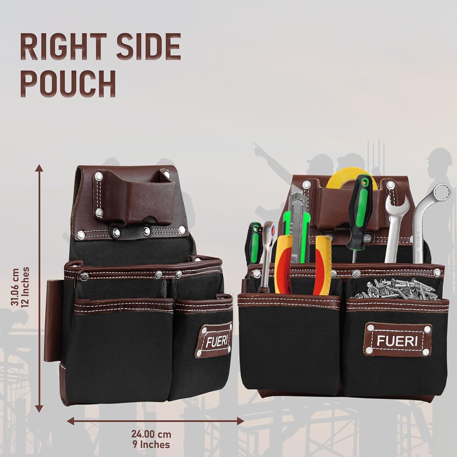19 Pocket Professional Tool Bag, Electricians Workwear Grain Leather Tool Belt