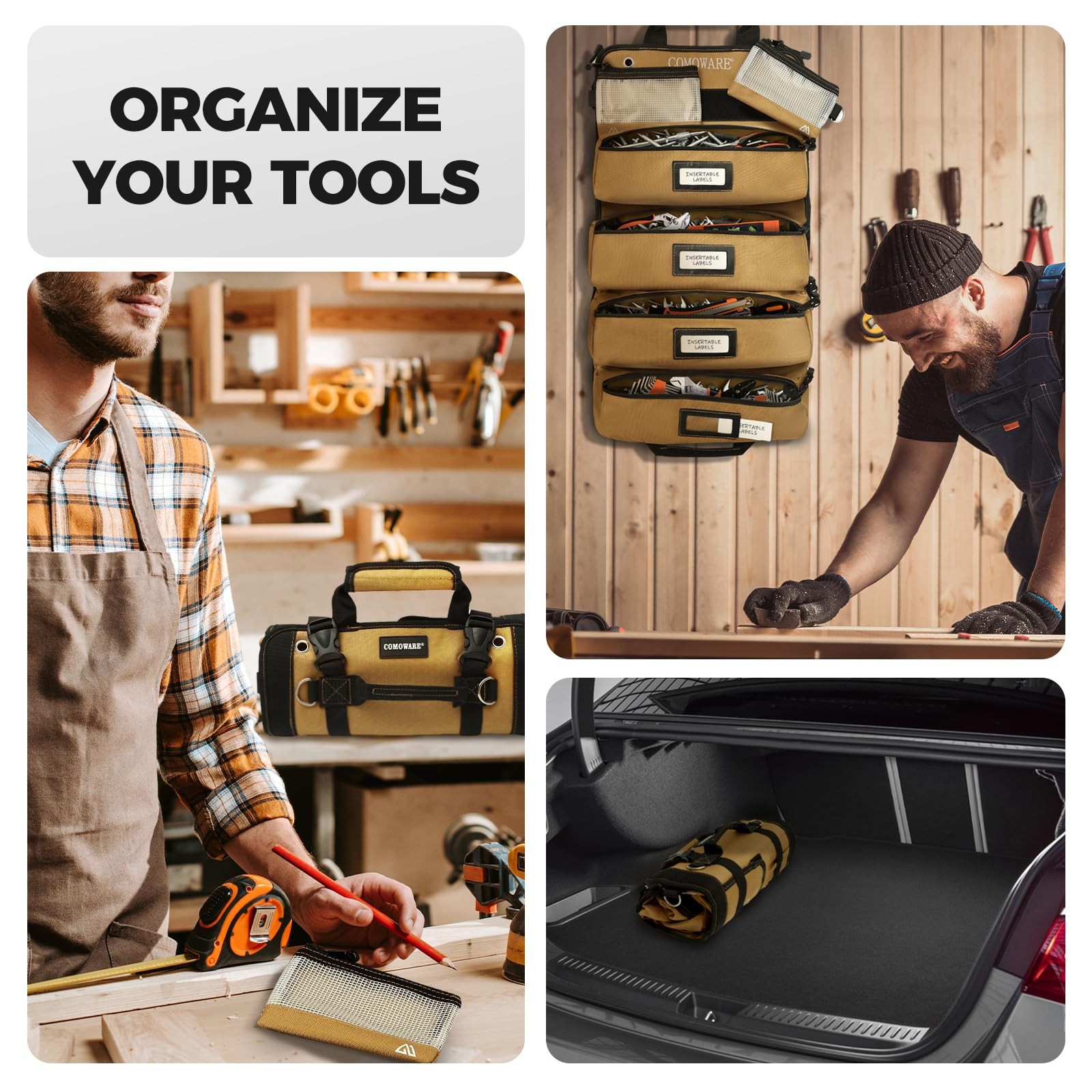 COMOWARE Roll Up Tool Bag, 600D Oxford PVC Coated Tool Organizer with 11 Pouc…