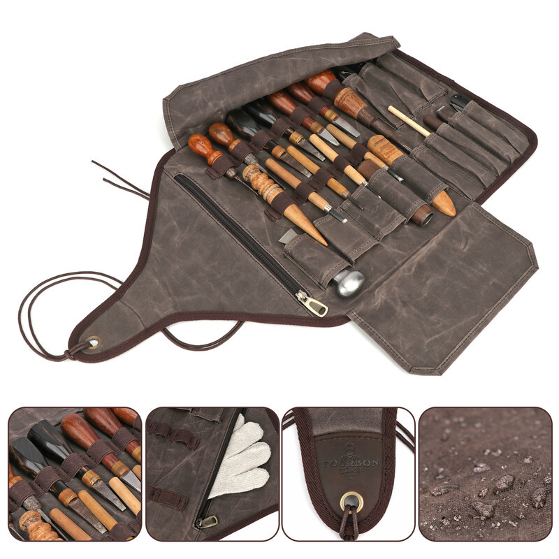 TOURBON Roll Carving Tool Organizer Bag Storage Holder Zip Pouch Wax Canvas US