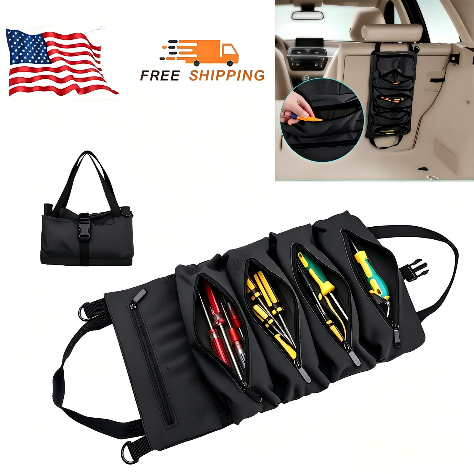Multi-Purpose Tool Roll Up Bag 5 Pocket Wrench Pouch Canvas Hanging Organizer US