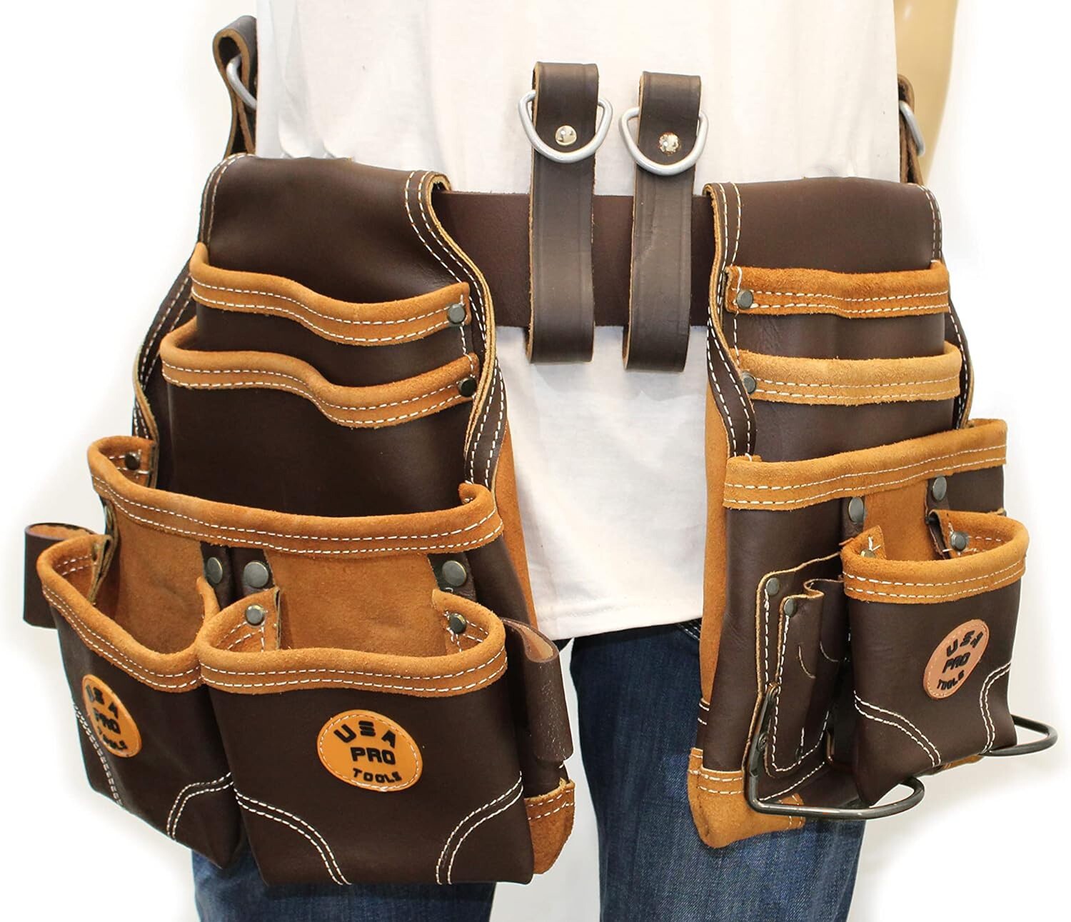 14 POCKET TOP GRAIN LEATHER FRAMER CARPENTER FASTENER TOOL BAG BELT TOOL RIG SET