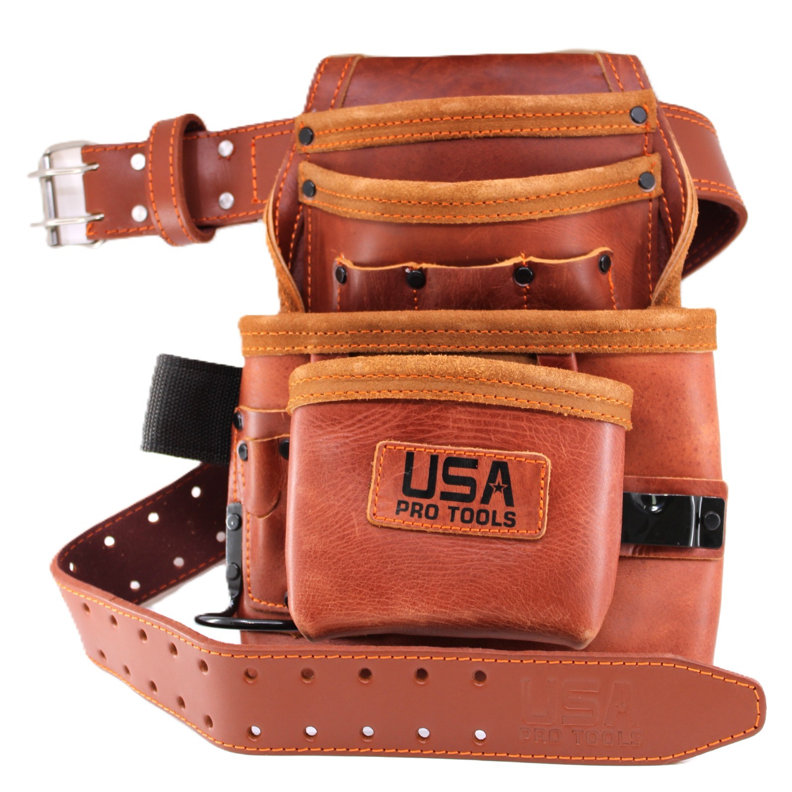 USA PRO TOOLS Top Grain Leather Tool Pouch & Belt – Multi‑Pocket, Hammer Holder