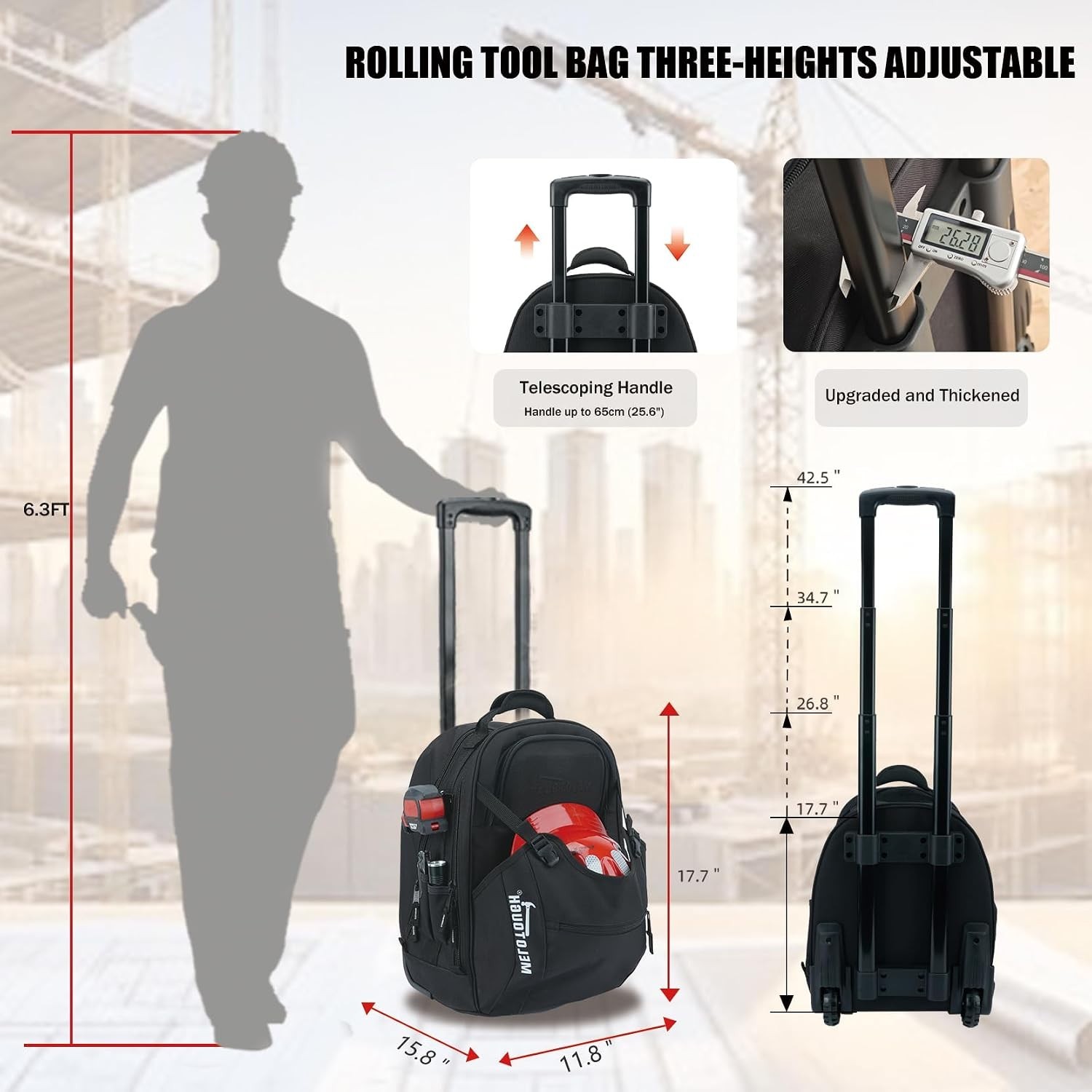 Rolling Tool Bag with Telescoping Handle 35 Pockets Wheeled Electrician Backp…