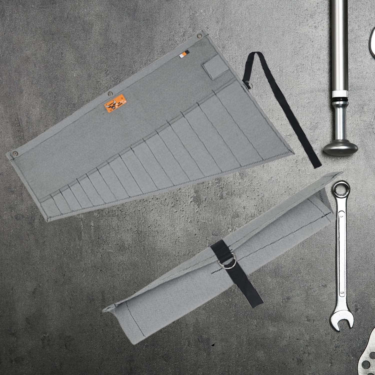 Roll Up Tool Bag Organizer 16 Pockets Canvas Wrench Pouch Heavy Duty Black Grey