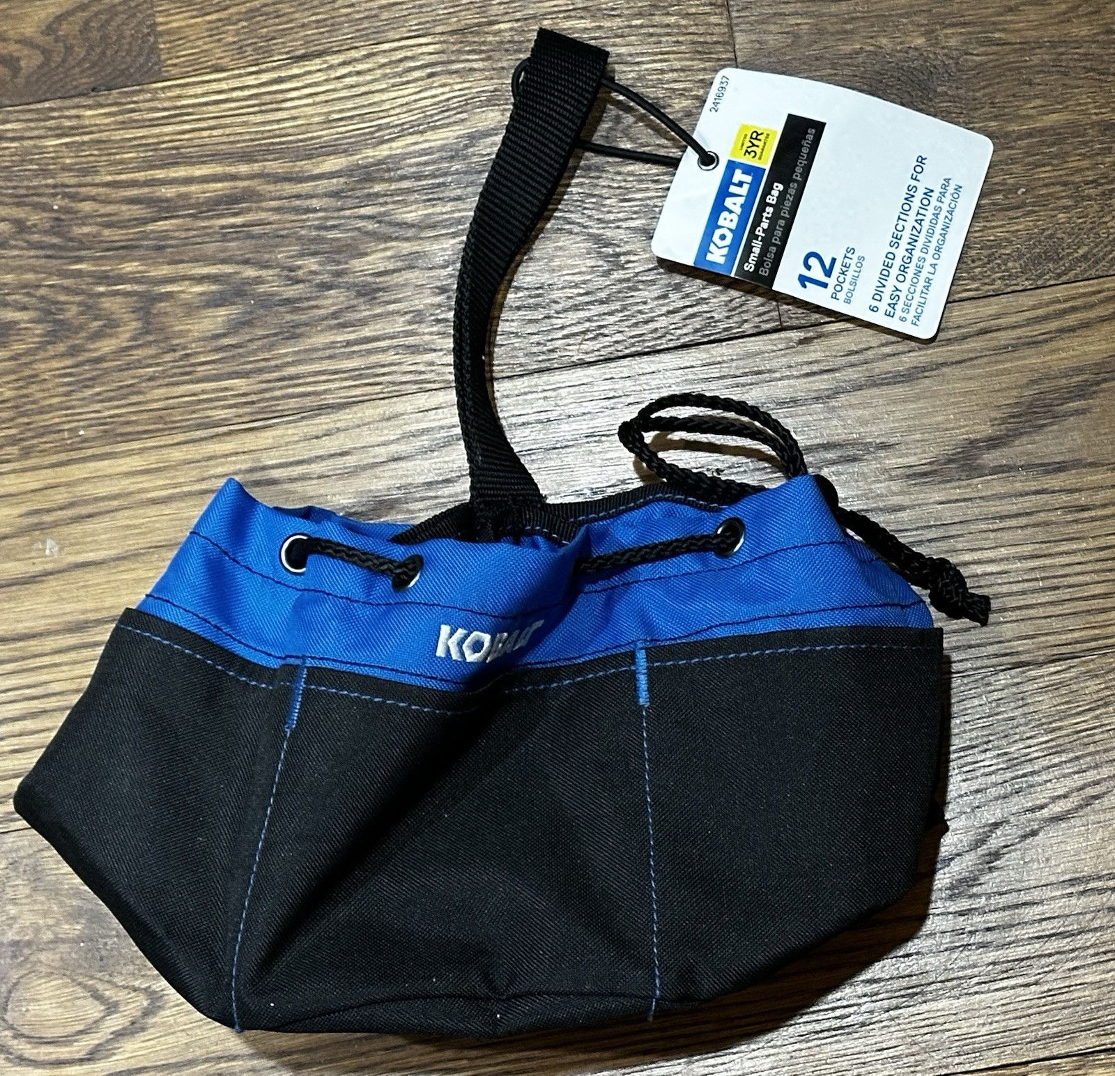 Kobalt Small Parts Bag—Black/Blue with 12 Pockets Divided Sections + Drawstring