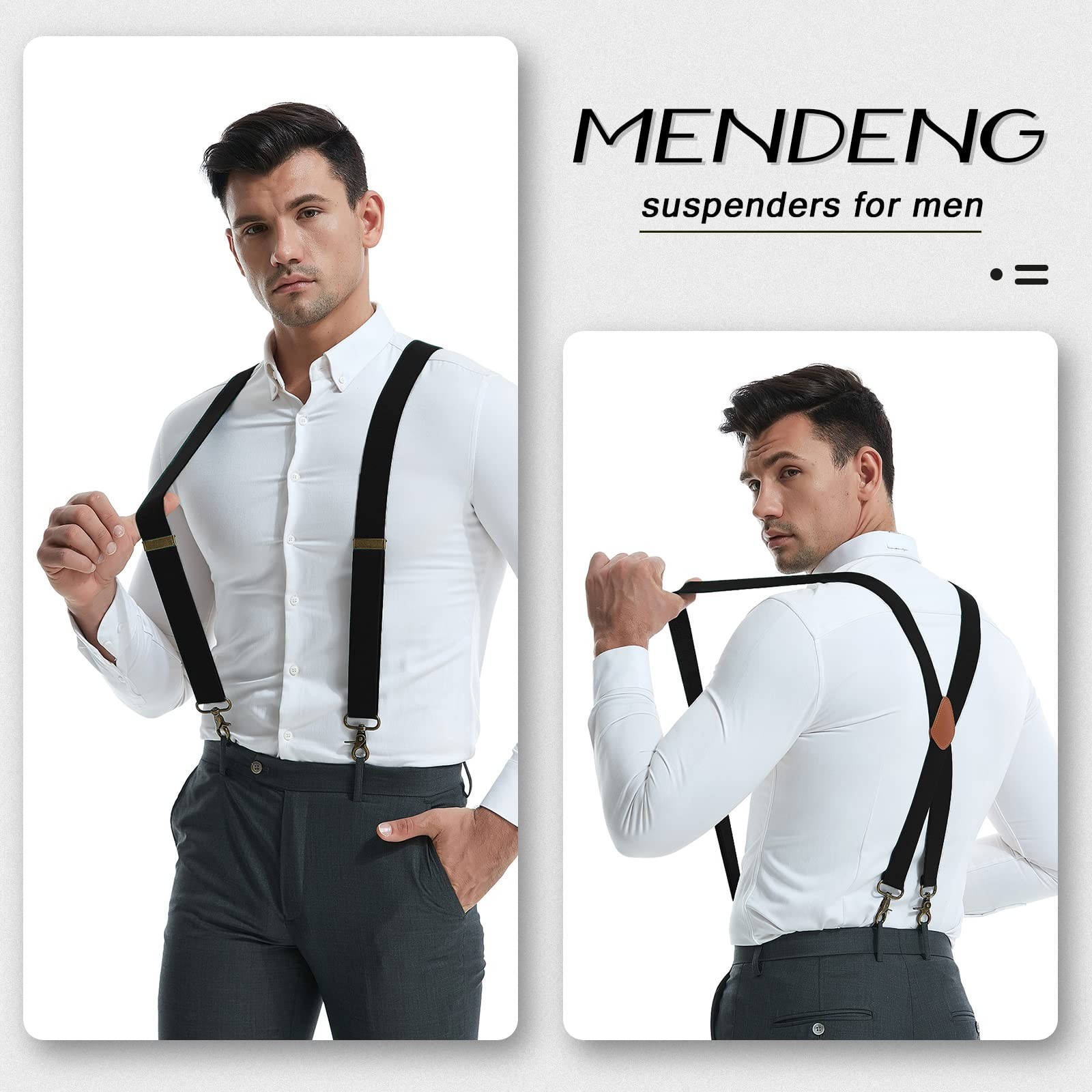 MENDENG Suspenders for Men Black Bronze Snap Hooks One Size, Black/Snap