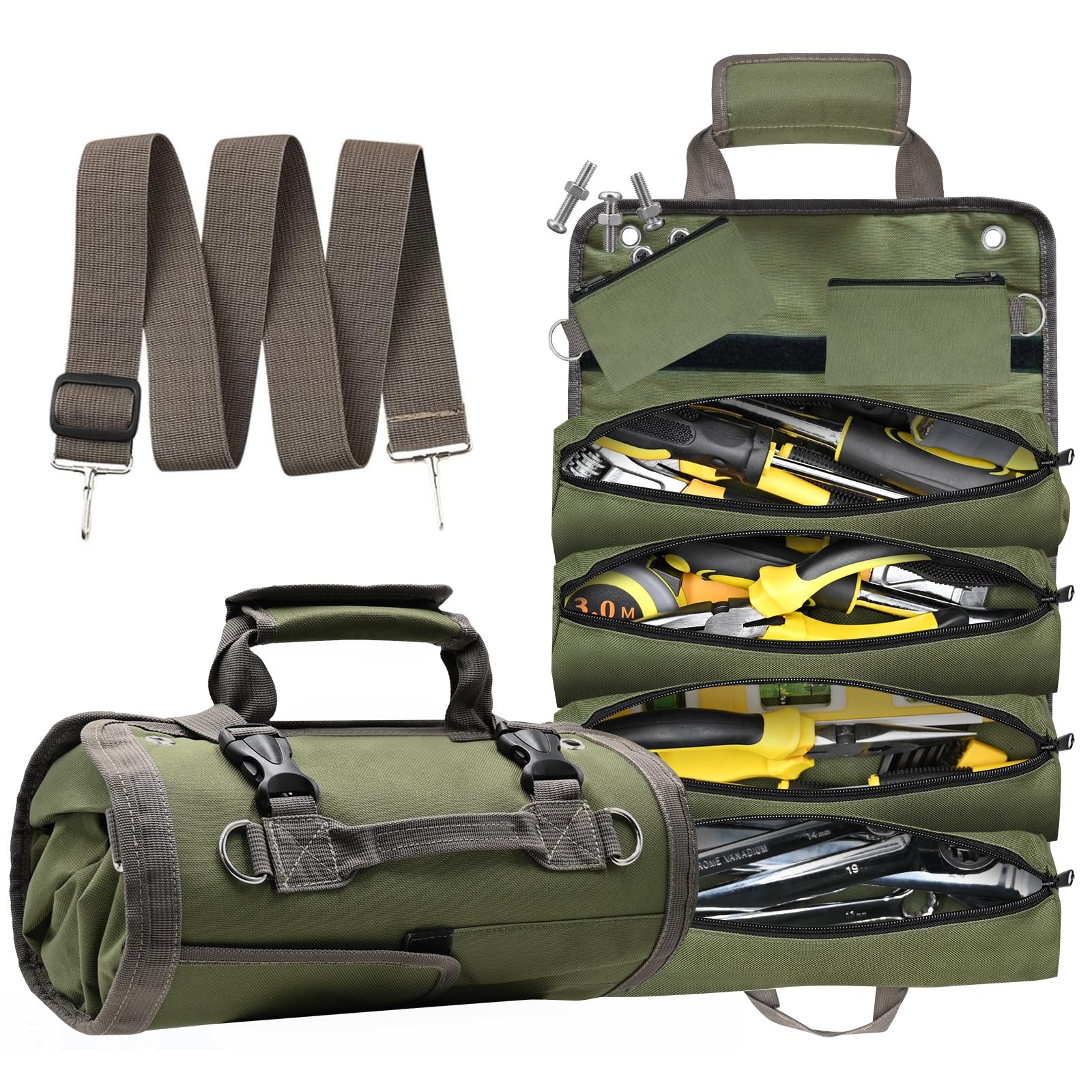 Green Heavy Duty Roll Up Tool Bag 4 Pockets 2 Pouches Mechanic Electrician