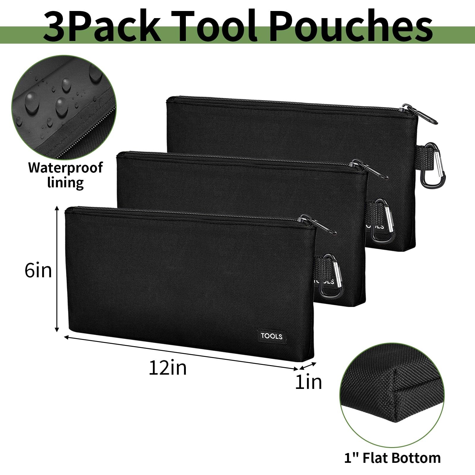 3 Pcs Zipper Tool Pouches, 12 Inch Flat Bottom Utility Bags with Carabiners